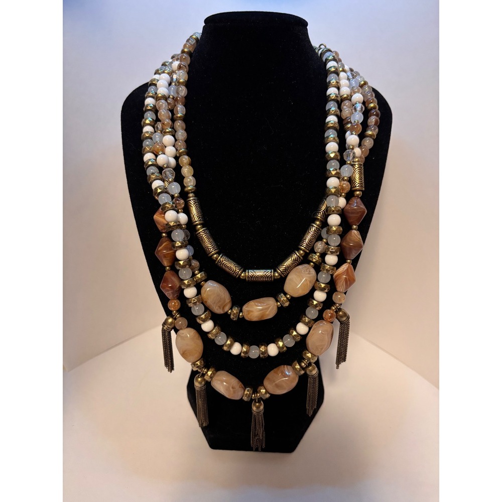 Boho Multi Strand Layered Statement Necklace Brass Tone Tassel Beaded Earthy